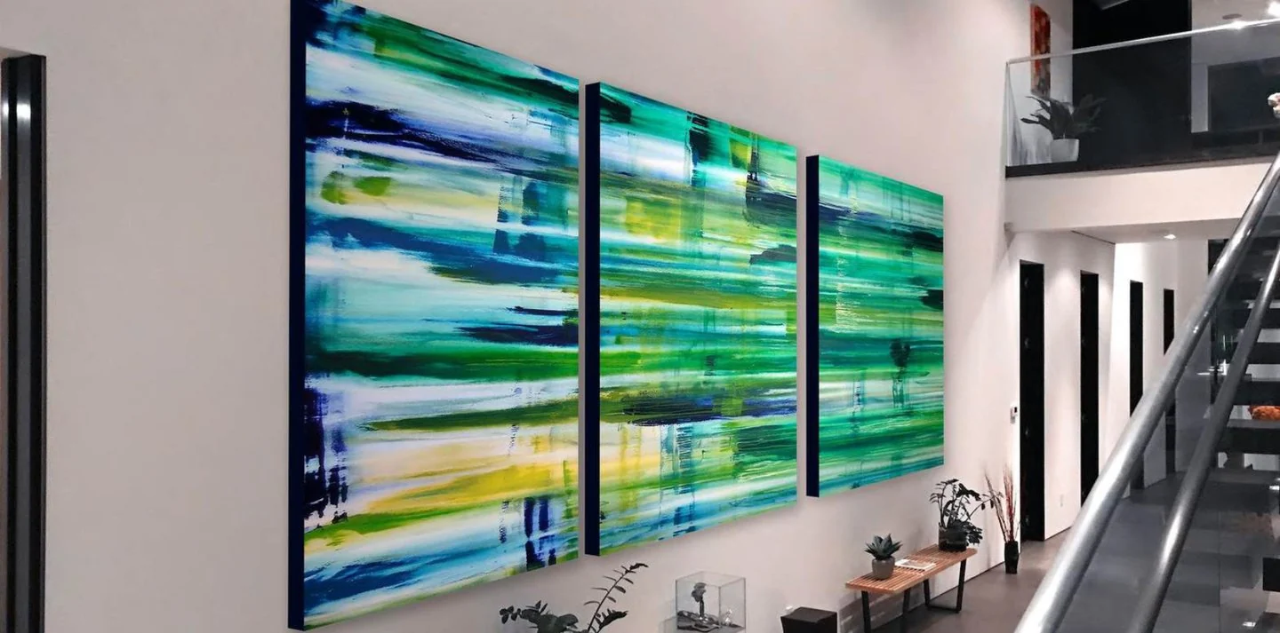 Custom three-panel triptych by Erik Skoldberg installed across a wall in Zedd’s Beverly Hills home